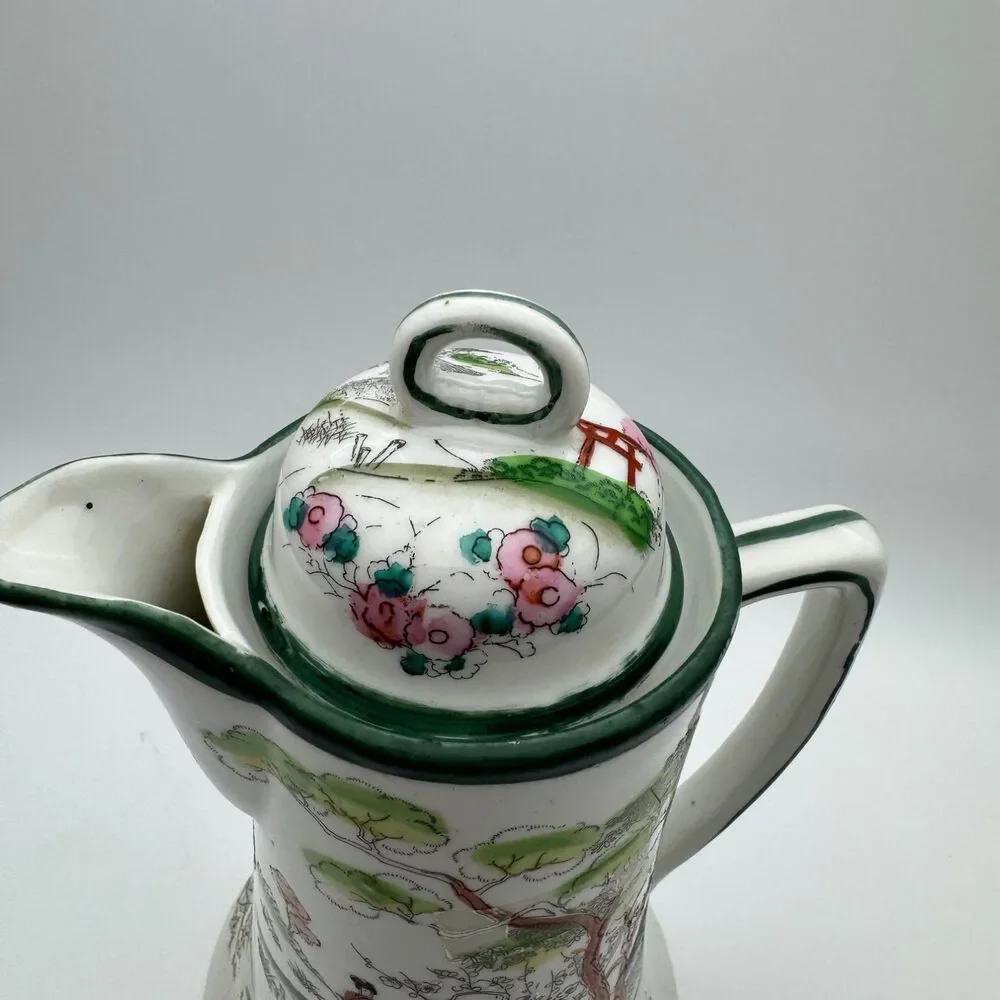 Vintage Japanese Porcelain Chocolate Pot Geisha Pagoda Scene Made in Japan 9.5